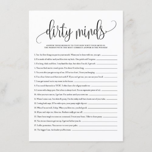 Black Script Dirty Mind Riddles Bridal Shower Game