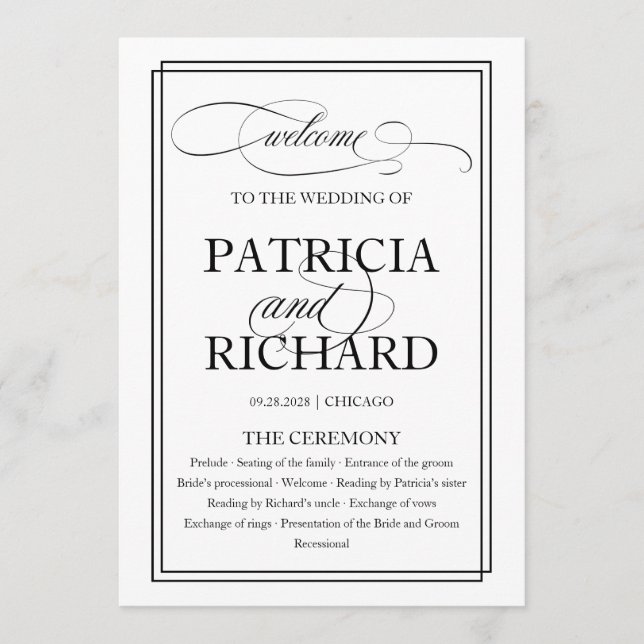 Black Script Elegant Wedding Ceremony Program (Front)