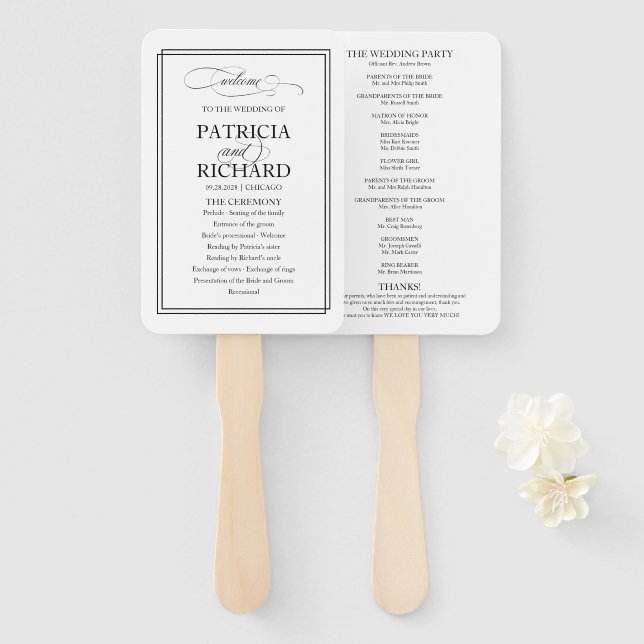 Black Script Elegant Wedding Program Hand Fan (Front and Back)