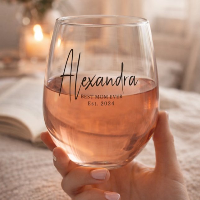 Black Script Established Best Mom Ever Custom  Stemless Wine Glass (Creator Uploaded)