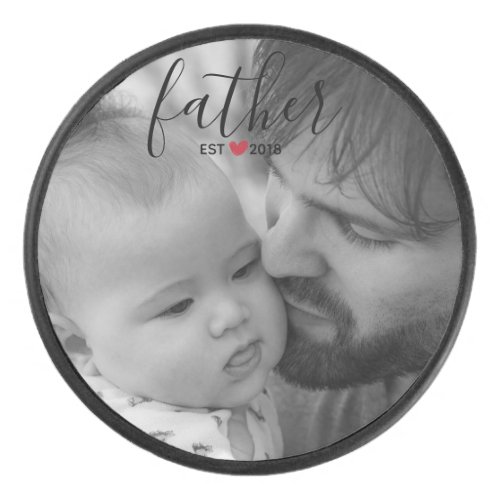Black Script Father Est Year Personalized Photo Hockey Puck