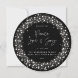Black Script Font Peace Love+Joy Sparkling Lights Holiday Card