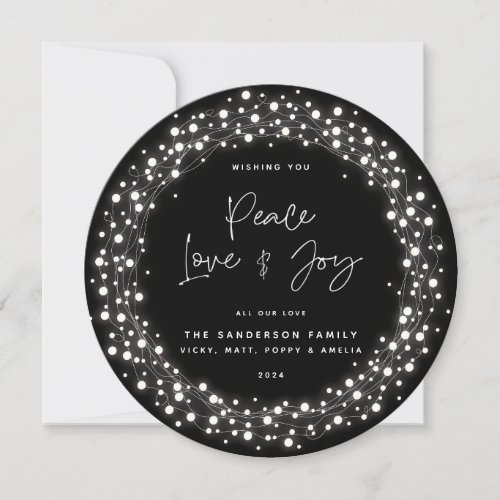 Black Script Font Peace LoveJoy Sparkling Lights Holiday Card