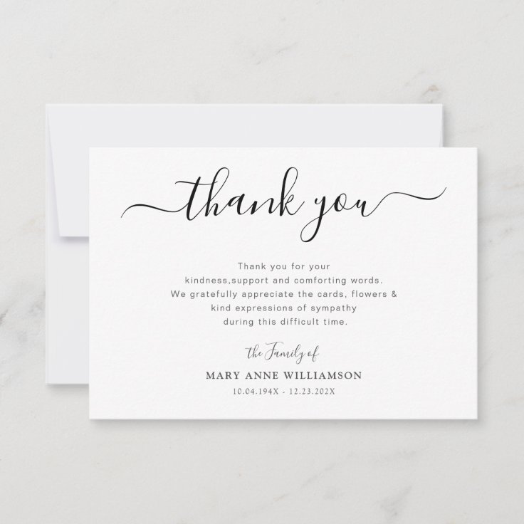 black script funeral thank you note | Zazzle