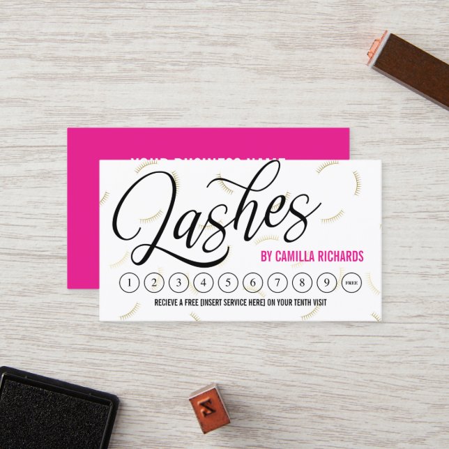 Black Script & Gold Lashes Loyalty Punch Card (Front/Back In Situ)