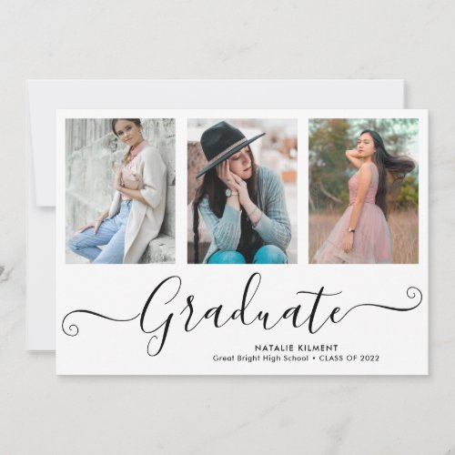 Black Script Graduate 3 Photo Collage Graduation Announcement