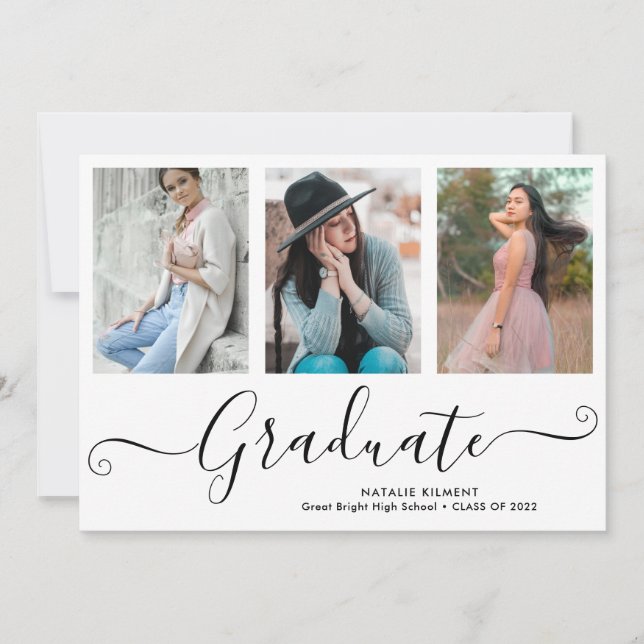 Black Script Graduate 4 Photo Collage Graduation Announcement (Front)