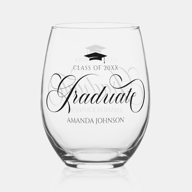 Black Script Graduate Name Graduation Stemless Wine Glass (Front)