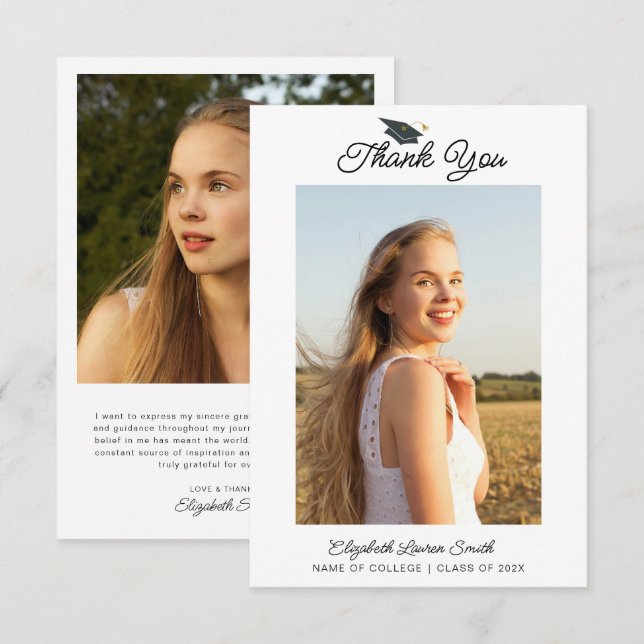 black script graduation photo thank you card (Front/Back)