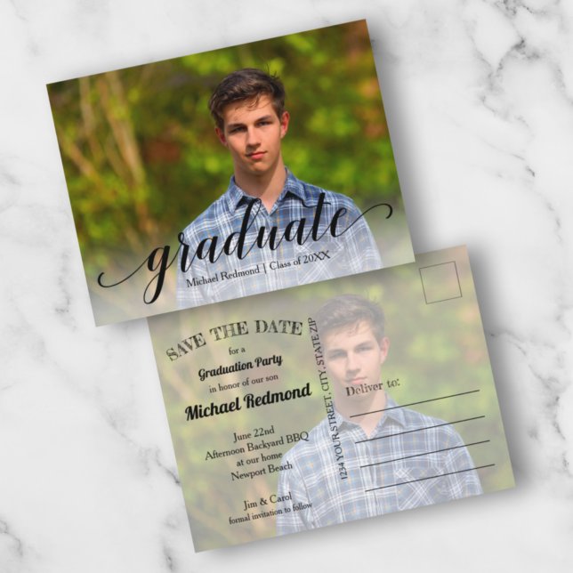 Black Script Graduation SAVE THE DATE Postcard (Creator Uploaded)