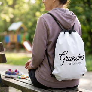 Black Script Grandma Established Drawstring Bag