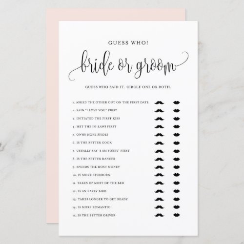 Black Script Gues Who Bride or Groom Shower Game