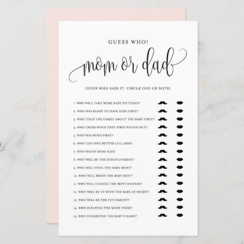 Black Script Guess Who Mom or Dad Baby Shower Game
