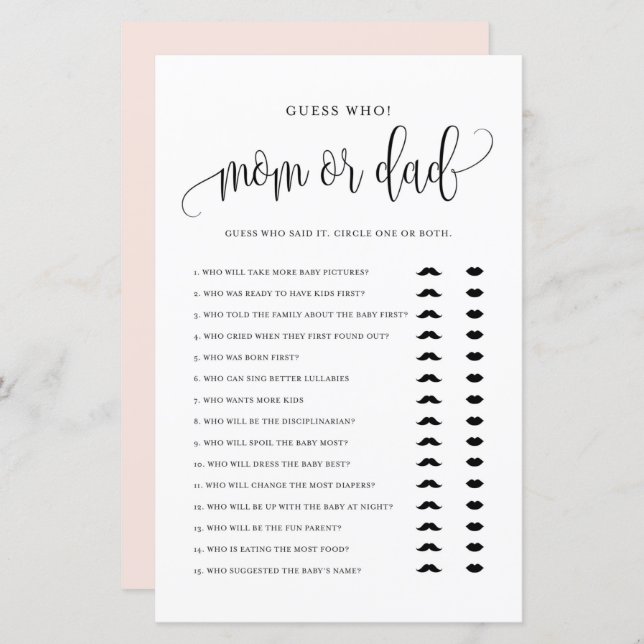 Black Script Guess Who Mom or Dad Baby Shower Game (Front/Back)