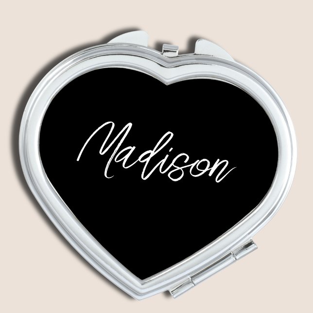 Black Script Heart Compact Mirror (Heart Modern Minimalist Black and White Compact Mirror with Custom Name in Elegant Script. )