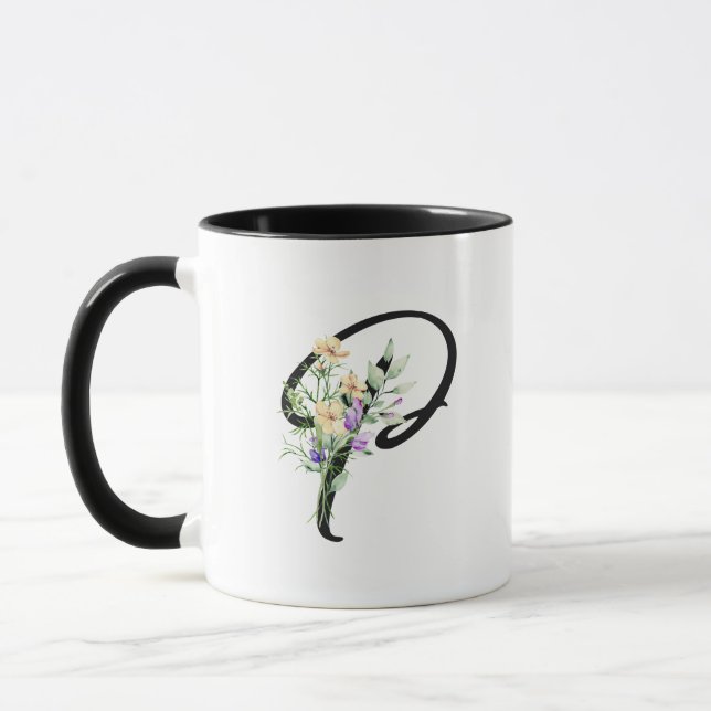 Black Script Letter "P" Watercolor Flowers Mug (Left)