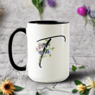 Black Script Letter "T" Colorful Wildflowers  Mug