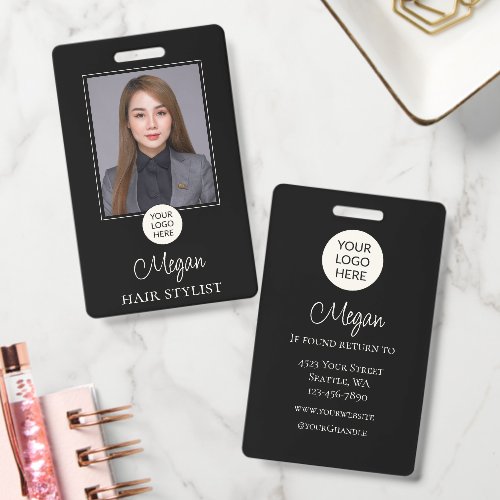 Black Script Logo Photo Hair Stylist Badge