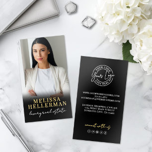 Black Script Luxury Real Estate Photo Gold Foil Business Cards