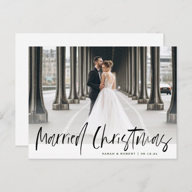 black script married christma wedding announcement postcard (Front/Back)