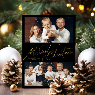 Black Script Merriest Christmas Family 3 Photo Holiday Card