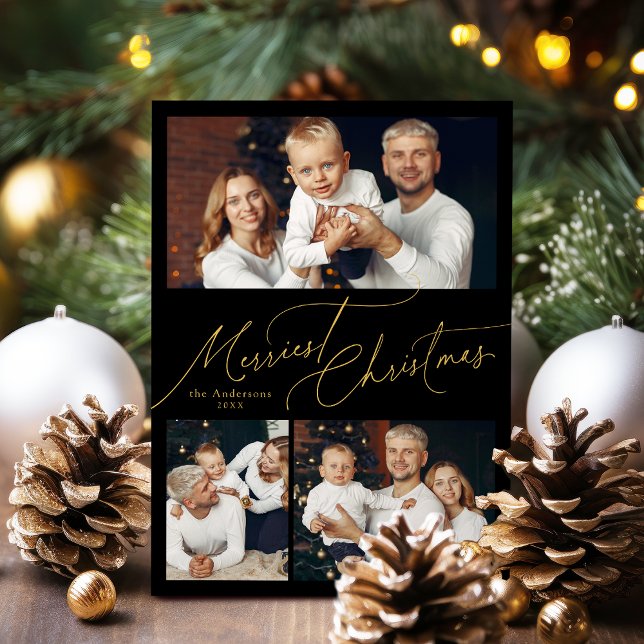 Black Script Merriest Christmas Family 3 Photo Holiday Card (Black Script Merriest Christmas Family 3 Photo Holiday Card)