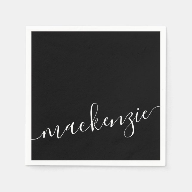 Black Script Modern Personalized Name Party Napkins (Front)