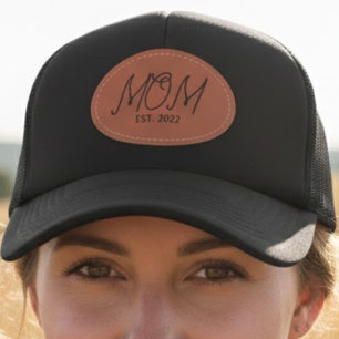 Black Script MOM Established 20XX Leather Patch Hat