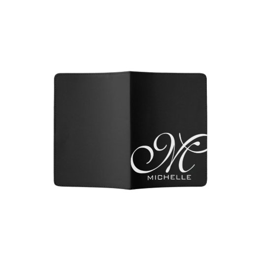Black Script Monogrammed Passport Holder (Opened)
