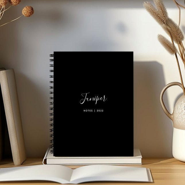 Black Script Name Modern Minimal Notebook (Personalized script name black notebook.)