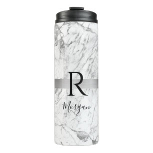 Black Script Name & Monogram, White & Gray Marble Thermal Tumbler