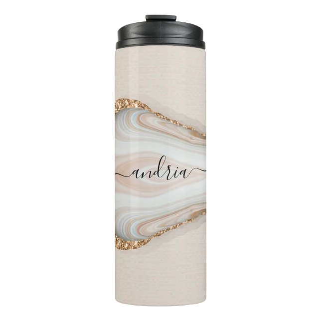 Black Script Name on Marble & Gold Glitter 2 Thermal Tumbler (Front)
