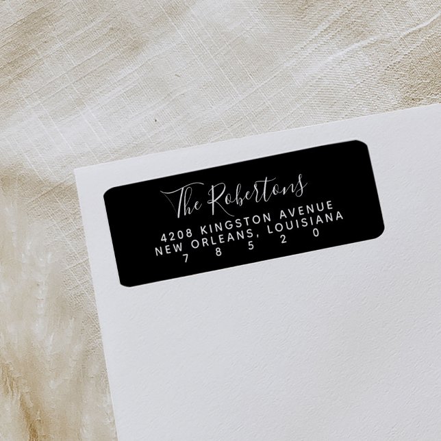 Black Script Name Return Address Labels (Black modern minimal script return address labels.)