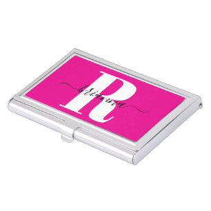 Black Script Name White Bold Monogram Hot Pink Business Card Case