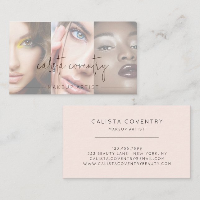 Black Script Photo Blush Pink Makeup Business Card (Front/Back)