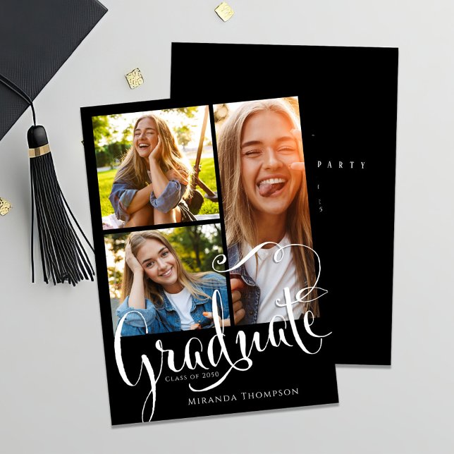 Black Script Photo Collage Graduation Announcement (Black and white photo collage graduation invitation announcement. )