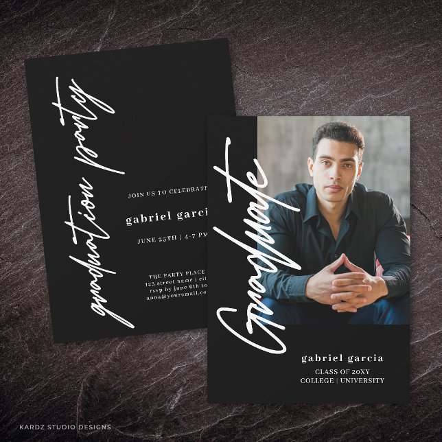 Black Script Photo Graduation Announcement (Front and back of the invite is shown in 5x7-inch. Choose size, paper, and corner style.)