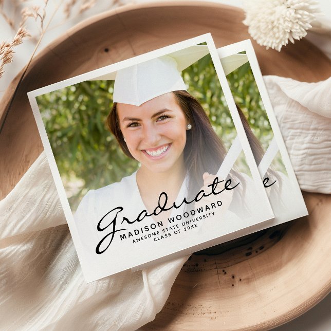 Black Script Photo Graduation Party Napkins (Creator Uploaded)