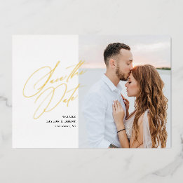 Black Script Photo Save the Date Faux Foil Invitation