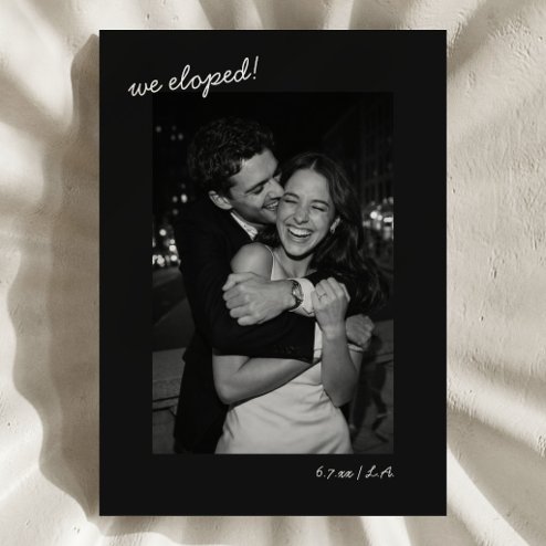 Wedding announcements - Pink Dramatic personalized gifts for you Black script we eloped minimalist photo announcement
