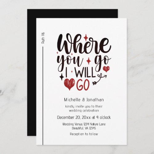 Black Script Red Hearts Christian Bible Wedding Invitation