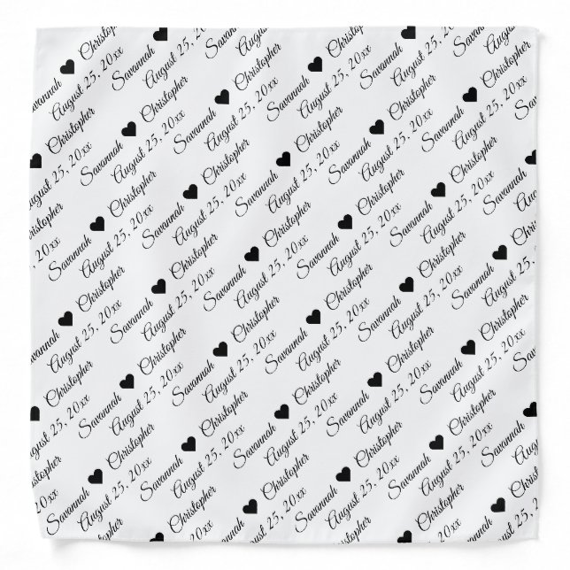 Black Script Repeating Text Wedding Date & Names Bandana (Front)
