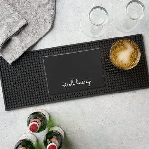 Black Script Stylish Monogram Modern Bar Mat