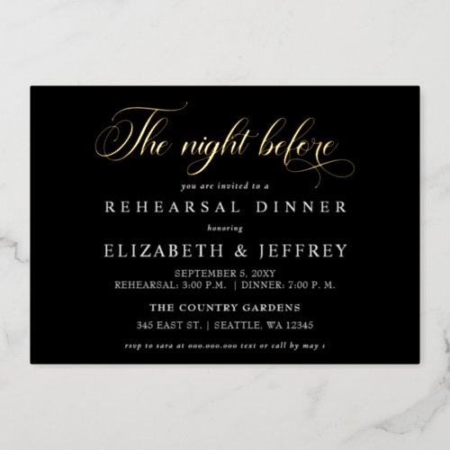 Black Script The Night Before Rehearsal Dinner Foil Invitation