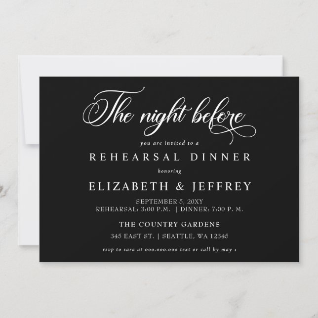 Black Script The Night Before Rehearsal Dinner Invitation (Front)