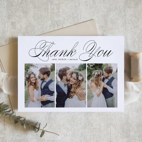 Black Script Three Photo Collage Wedding Thank You Card