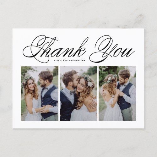 Black Script Three Photo Collage Wedding Thank You Postcard