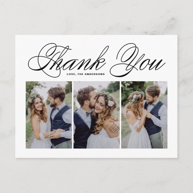 Black Script Three Photo Collage Wedding Thank You Postcard (Front)