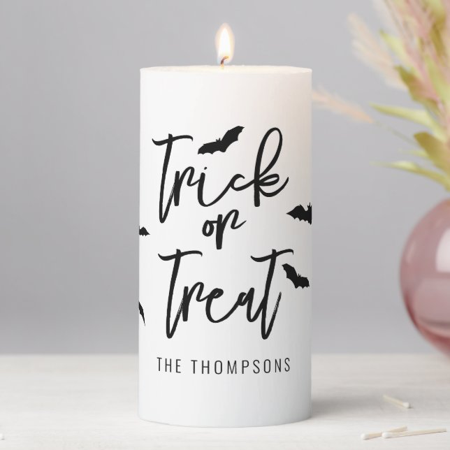 Black Script Trick Or Treat With Bats Halloween Pillar Candle (In Situ)