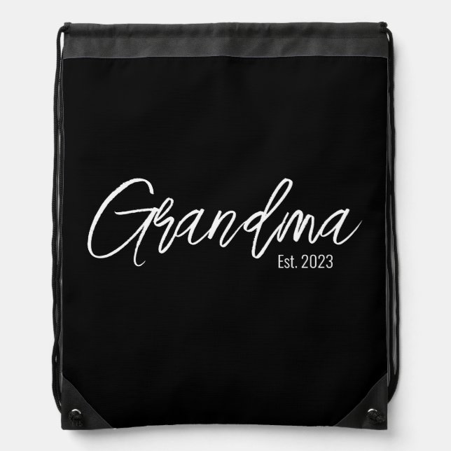 Black Script Typography Grandma Established Drawstring Bag (Front)